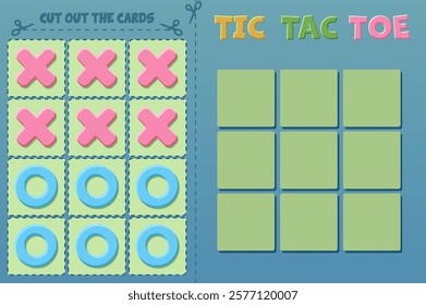 Board game TIC TAC TOE . Vector cartoon strategy game noughts and crosses. Board logic game. Print, cut out cards and play