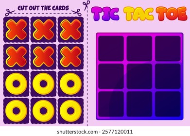 Board game TIC TAC TOE . Vector cartoon strategy game noughts and crosses. Board logic game, cut out cards and play