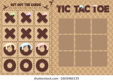 Board game TIC TAC TOE in Waffles themed . Vector cartoon strategy game noughts and crosses. Sweet Board logic game. Print, cut out cards and play
