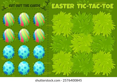 Board game TIC-TAC-TOE. Easter themed. Grass background with Colored egg cards. Spring holiday printable worksheet. Zero and crosses grid.