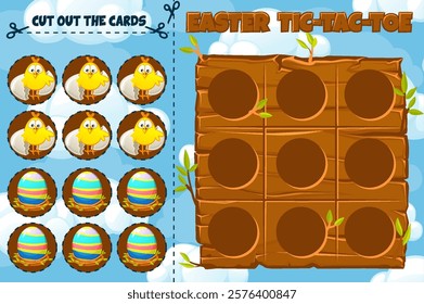 Board game TIC-TAC-TOE. Easter themed with chick and egg cards. board game playing field with cute characters. Spring holiday printable worksheet. Zero and crosses grid