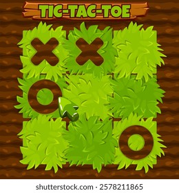 Board game TIC-TAC-TOE. Farm themed. Ground background with grass. Spring holiday printable worksheet. Zero and crosses grid. Board logic game for your game development UI.