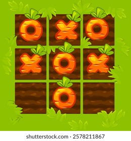 Board game TIC-TAC-TOE. Farm themed. Grass background with Carrots. Spring holiday printable worksheet. Zero and crosses grid. Board logic game for your game development UI.