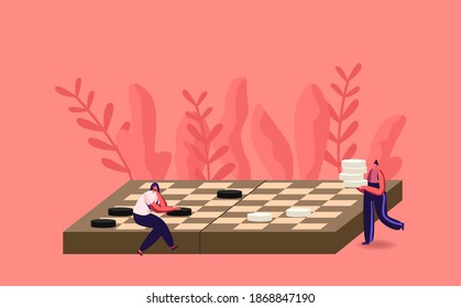 Board Game Tournament, Logic Intellectual Boardgame Competition, Intelligence Recreation, Leisure or Hobby Concept. Tiny Female Characters Playing Huge Checkers. Cartoon People Vector Illustration