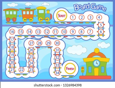 Board game with train. Worksheets for book. Children funny entertainment. Kids art game. Activity page for learn count. Birthday design card. Vector illustration.