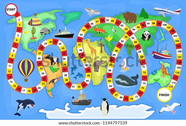 ボードゲームのベクター画像ゲームマップ 白い背景に海 大陸 蛇のゲームボードイラストの地図グラフゲームセットと 開始と終了が分離された のベクター画像素材 ロイヤリティフリー