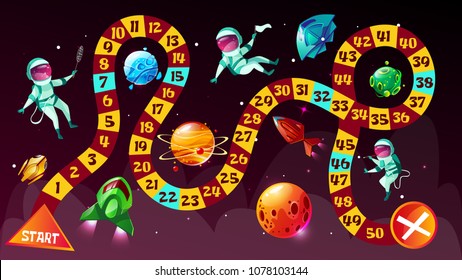 Board game vector illustration. Astronauts in space boardgame strategy kid cartoon design template or racing tabletop game with dice to start and finish cosmonauts route in space planets