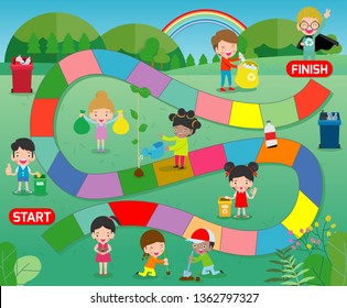 board game with Volunteer Children recycle, Kids Planting, Illustration of a board game with child Save the World background