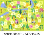 Board game with woodland path. Doodle camping mini game for kids with summer landscape.