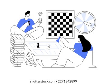 Board games abstract concept vector illustration. Tabletop activities, strategic gaming, stay at home gamers, social isolation free time spending, family fun activity idea abstract metaphor.