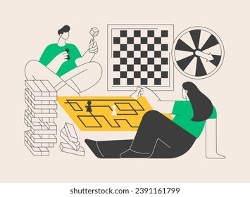 Board games abstract concept vector illustration. Tabletop activities, strategic gaming, stay at home gamers, social isolation free time spending, family fun activity idea abstract metaphor.