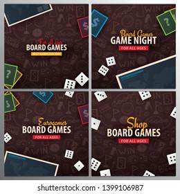 Board Games banner with dice,  playing cards and map. Hand draw doodle background. Vector illustration