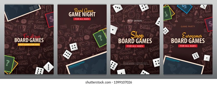 Board Games banner with dice,  playing cards and map. Hand draw doodle background. Vector illustration