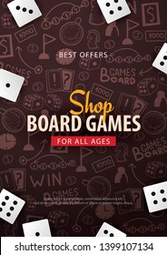 Board Games banner with dice,  playing cards and map. Hand draw doodle background. Vector illustration