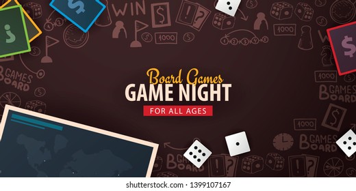 Board Games banner with dice,  playing cards and map. Hand draw doodle background. Vector illustration