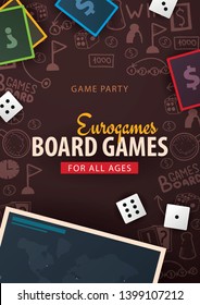 Board Games banner with dice,  playing cards and map. Hand draw doodle background. Vector illustration