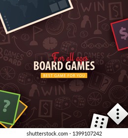 Board Games banner with dice,  playing cards and map. Hand draw doodle background. Vector illustration