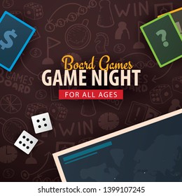 Board Games banner with dice,  playing cards and map. Hand draw doodle background. Vector illustration