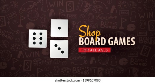 Board Games banner with dices. Hand draw doodle background. Vector illustration