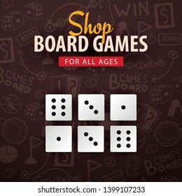 Board Games banner with dices. Hand draw doodle background. Vector illustration