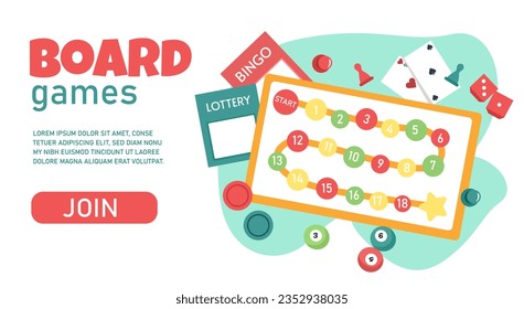 Board games banner. Lottery and bingo with cards and dices. Landping webpage design. Games for luck and fortune, gambling. Advertising and marketing. Cartoon flat vector illustration