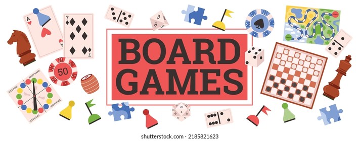 Board games banner or poster design with various games such as backgammon, chess and mahjong, flat vector illustration isolated on white background. Hobby and recreation. svg