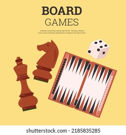 Board games banner or poster design for entertainment activities and family fun, flat vector illustration. Banner or card with backgammon and chess games.