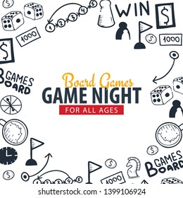 Board Games banners. For all Ages. Hand draw doodle background. Vector illustration