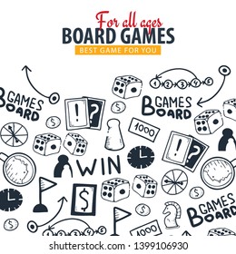 Board Games banners. For all Ages. Hand draw doodle background. Vector illustration