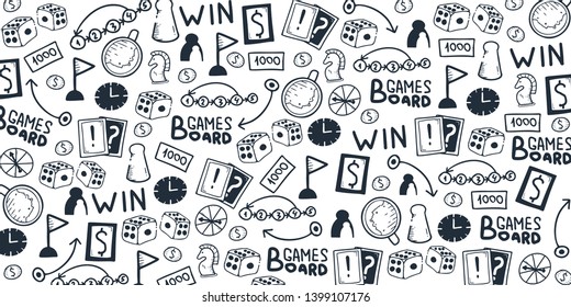 Board Games banners. For all Ages. Hand draw doodle background. Vector illustration