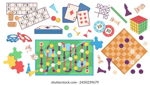 Board games cartoon set. Chess and puzzle, game cards and bones. Various types equipment for leisure and friends meet, decent vector collection