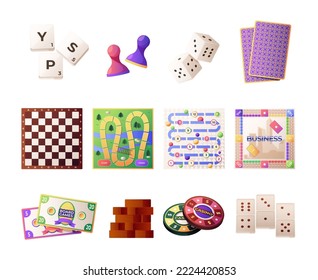 Board games. Cartoon table card strategy and group games for playing with family and friends, kids and adult home activity. Illustration of play group game