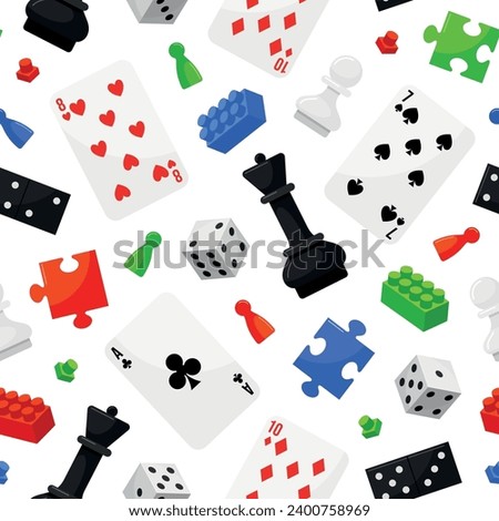 Board games checkers chess cards domino puzzle jigsaw dice seamless pattern isometric vector illustration. Competition entertainment constructor piece chips wrapped wallpaper design template