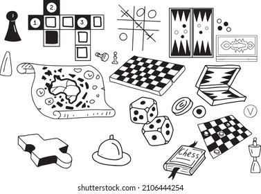 board games chips cubes cards checkers chess dominoes doodle sketch hand drawn graphic illustration