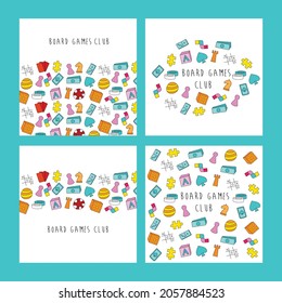 Board games club - text banners. Board Game Community. Colorful cartoon style vector illustration.