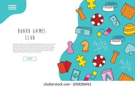 Board games club - text banners. Hand drawn landing page - Board Game Community. Colorful cartoon style