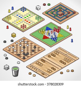 Board games collection with pawns, dices and dice cup (isometric view)