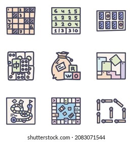 Board games color vector doodle simple icon set