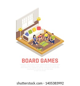 Board games concept with family evening symbols isometric vector illustration