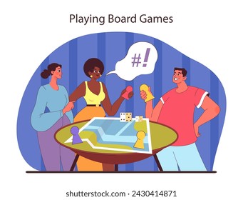 Board games concept. Friends compete and enjoy strategy and luck-based games. Interactive and fun group activity. Flat vector illustration.