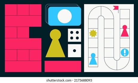 Board games concept illustration. Dice, chip and cards. Playing board games, competition, leisure time concept. Simple colourful flat design.