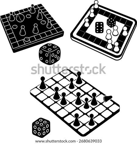 Board Games and Dice Icons Set, for projects related to hobbies, entertainment, family fun, strategy, and game design, evoking a sense of play and competition.