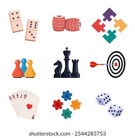 Board games. Games different types set. Domino, chess, puzzle, lotto, cards. Leisure, meetings friendly or weekend game collection Vector illustration