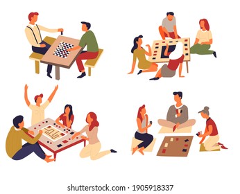 Board games. Domino and chess table games play cards vector isolated characters teams or friends playing together entertainment leisure parent children and elderly hobby and recreation