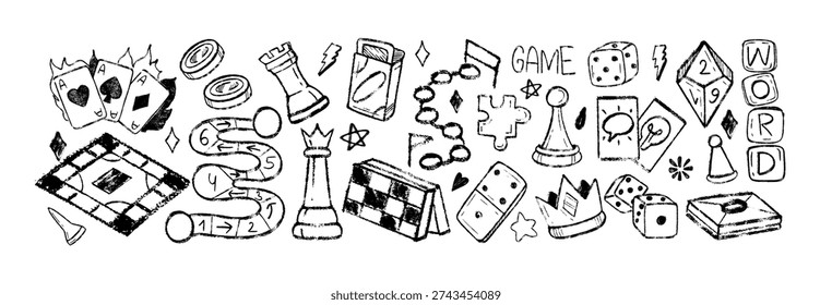 Juego de Vectores de tiza de garabatos de juegos de Tablero. Iconos dibujados a mano de croquis de cartas, fichas de póquer, dados, peones, crucigrama. Damas, dominó o símbolos grunge de juego. Concepto de entretenimiento en el hogar familiar