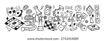 Board games doodle chalk vector set. Hand drawn crayon sketch icons of cards, poker chips, dice, pawns, crossword puzzle. Checkers, domino or gambling grunge symbols. Family home entertainment concept