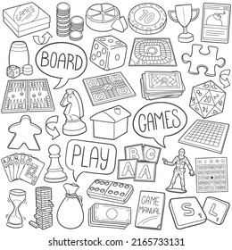 Board Games Doodle Icons. Hand Made Line Art. Recreation Clipart Logotype Symbol Design.