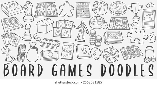 Board Games Doodle Icons. Hand Made Line Art. Recreation Clipart Logotype Symbol Design.