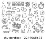 Board games doodle set. Checkers, lotto, chess, cards, backgammon in sketch style. Hand drawn vector illustration isolated on white background