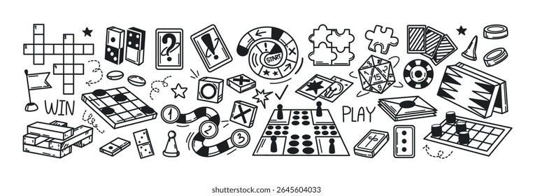 Board games doodle set. Hand drawn vector illustration sketch icons of cards, dice or pawns. Poker, checkers, roulette, domino, lotto and billiards gambling line symbols. Family leisure concept